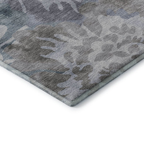 8' X 10' Blue And Silver Floral Washable Area Rug With UV Protection