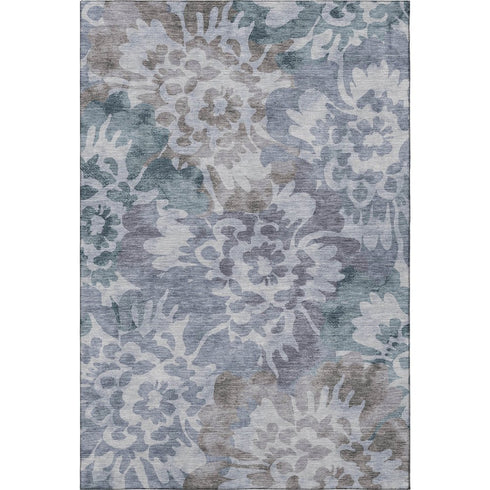 8' X 10' Blue And Silver Floral Washable Area Rug With UV Protection