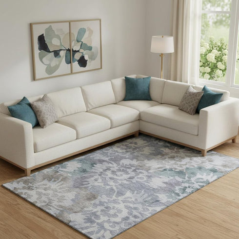 8' X 10' Blue And Silver Floral Washable Area Rug With UV Protection