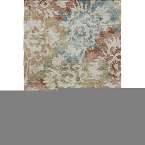 5' X 8' Rust And Blue Floral Washable Area Rug With UV Protection