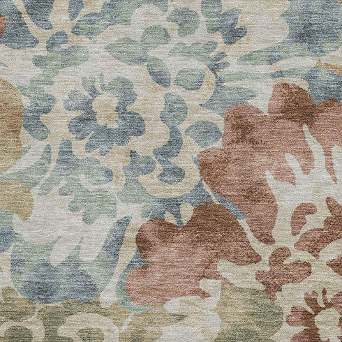 5' X 8' Rust And Blue Floral Washable Area Rug With UV Protection