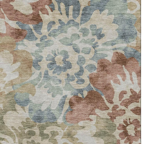 5' X 8' Rust And Blue Floral Washable Area Rug With UV Protection