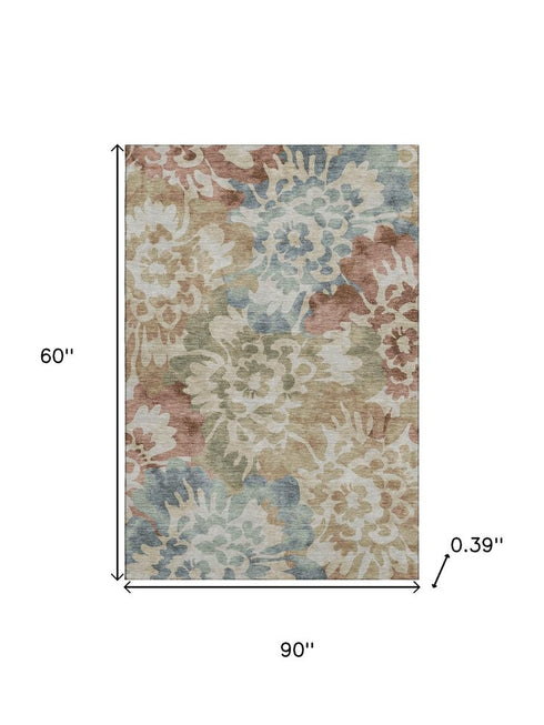 5' X 8' Rust And Blue Floral Washable Area Rug With UV Protection