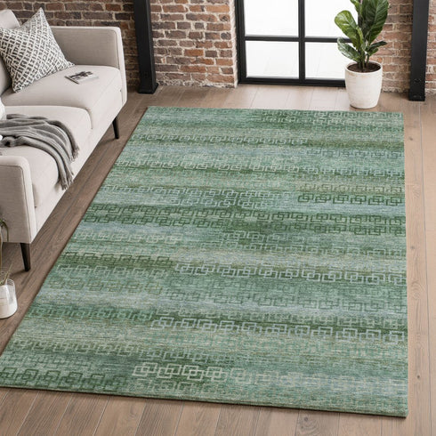 8' X 10' Sage And Blue Striped Washable Area Rug With UV Protection