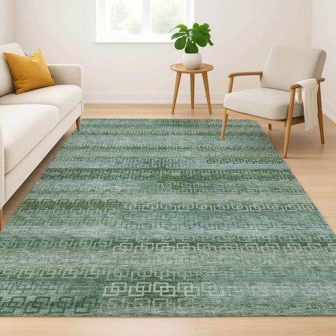 8' X 10' Sage And Blue Striped Washable Area Rug With UV Protection