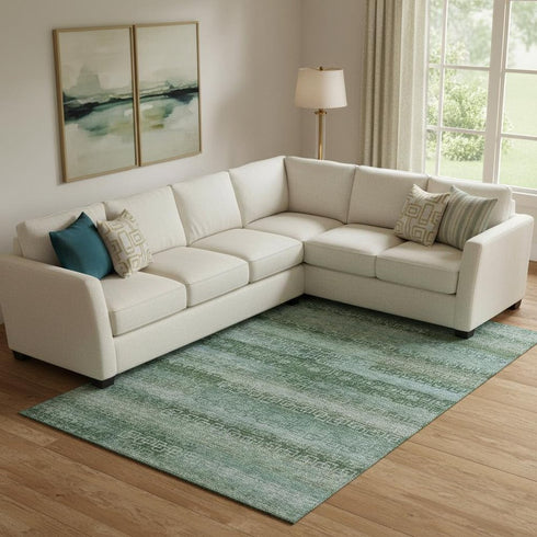 8' X 10' Sage And Blue Striped Washable Area Rug With UV Protection