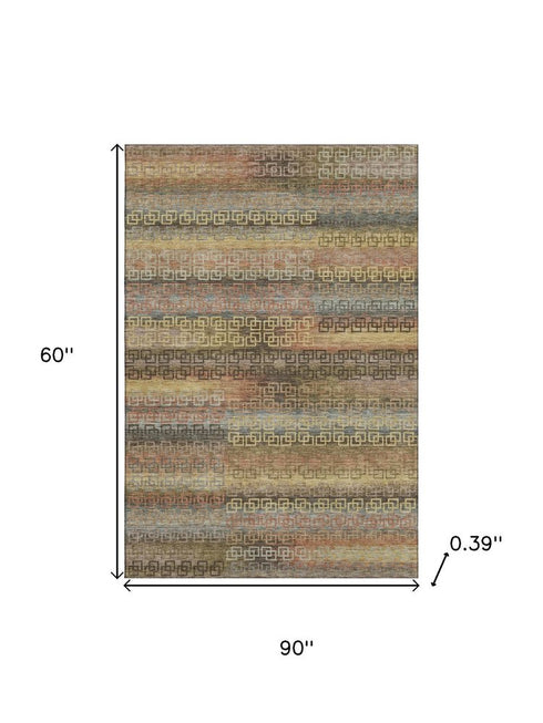 5' X 8' Brown And Gold Striped Washable Area Rug With UV Protection