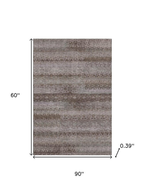 5' X 8' Chocolate And Gray Striped Washable Area Rug With UV Protection