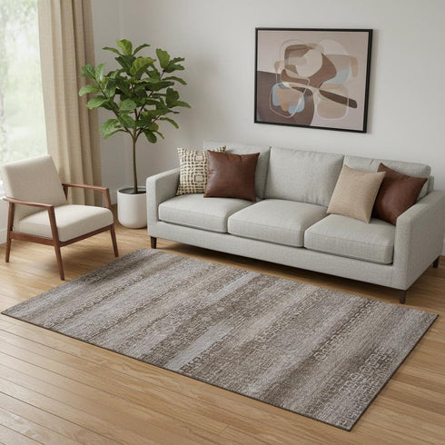 5' X 8' Chocolate And Gray Striped Washable Area Rug With UV Protection