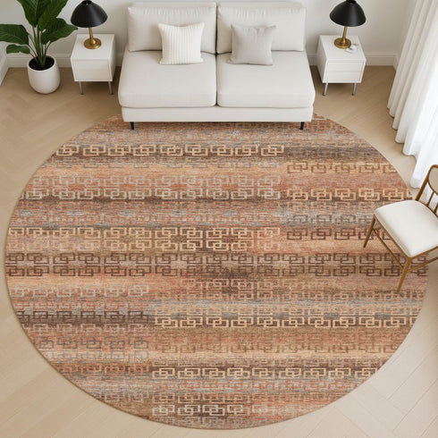 8' Copper And Rust Striped Washable Round Rug With UV Protection