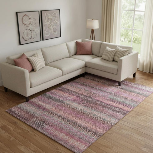 8' X 10' Pink And Gray Striped Washable Area Rug With UV Protection