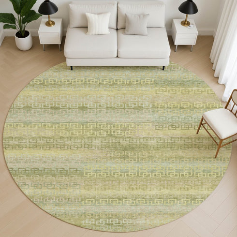 8' Sage And Gold Striped Washable Round Rug With UV Protection