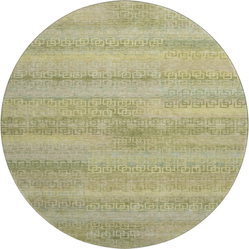 8' Sage And Gold Striped Washable Round Rug With UV Protection
