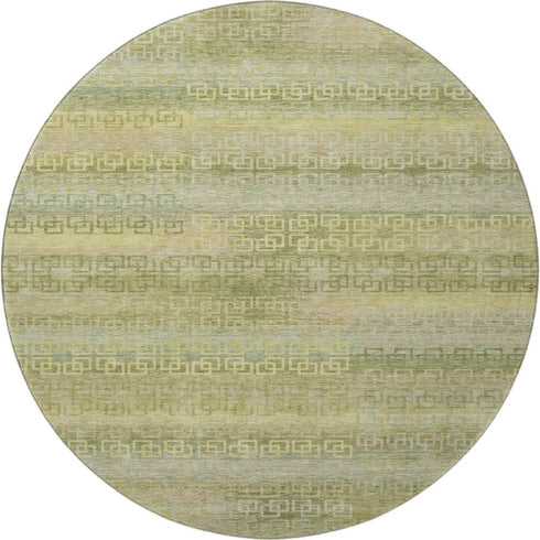 8' Sage And Gold Striped Washable Round Rug With UV Protection