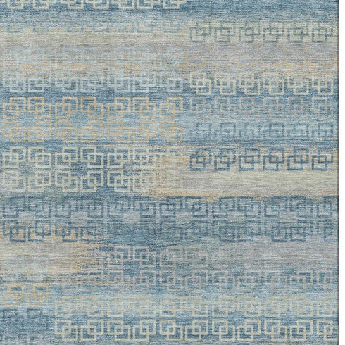 9' X 12' Teal And Beige Striped Washable Area Rug With UV Protection