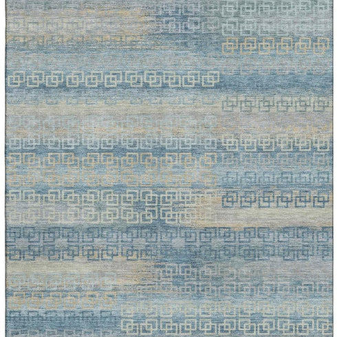 9' X 12' Teal And Beige Striped Washable Area Rug With UV Protection