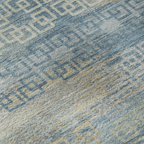 9' X 12' Teal And Beige Striped Washable Area Rug With UV Protection