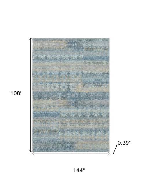 9' X 12' Teal And Beige Striped Washable Area Rug With UV Protection