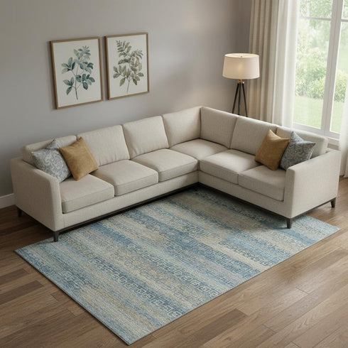 9' X 12' Teal And Beige Striped Washable Area Rug With UV Protection