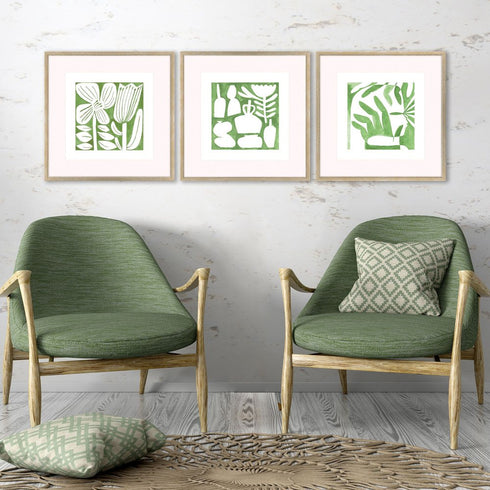 Set Of Three Green Modern Garden Gold Framed Wall Art