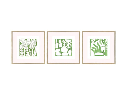 Set Of Three Green Modern Garden Gold Framed Wall Art