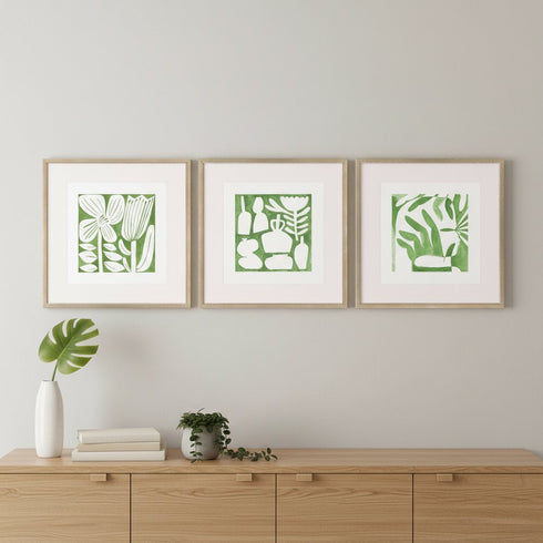 Set Of Three Green Modern Garden Gold Framed Wall Art