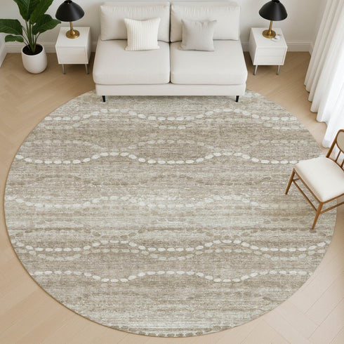8' Khaki And Ivory Abstract Geometric Washable Round Rug With UV Protection