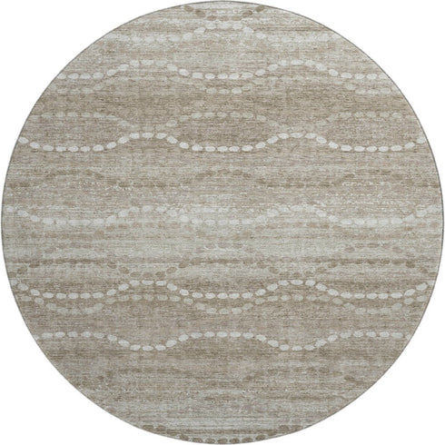 8' Khaki And Ivory Abstract Geometric Washable Round Rug With UV Protection