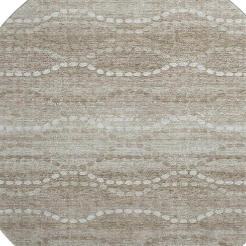 8' Khaki And Ivory Abstract Geometric Washable Round Rug With UV Protection