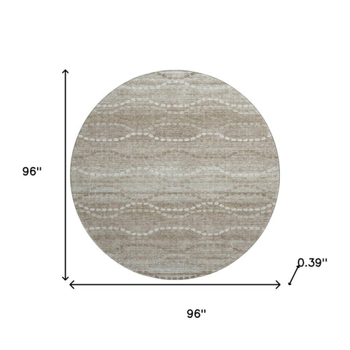 8' Khaki And Ivory Abstract Geometric Washable Round Rug With UV Protection
