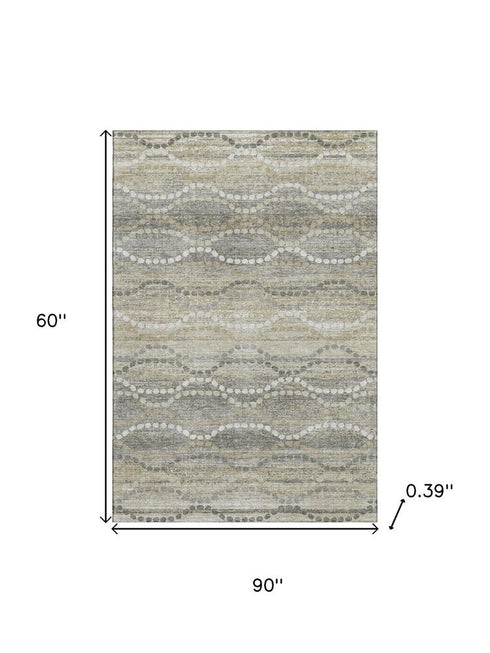 5' X 8' Pewter And Ivory Abstract Geometric Washable Area Rug With UV Protection
