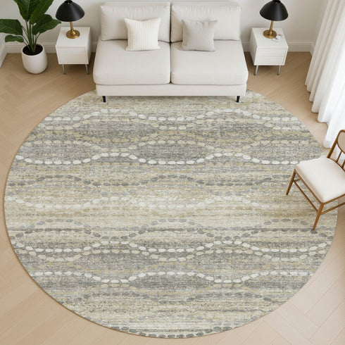 8' Pewter And Ivory Abstract Geometric Washable Round Rug With UV Protection