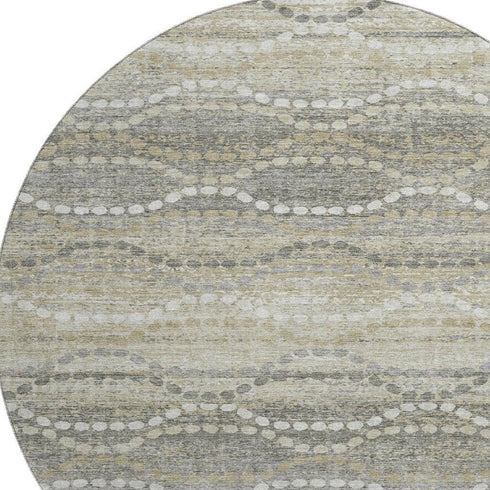 8' Pewter And Ivory Abstract Geometric Washable Round Rug With UV Protection
