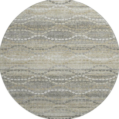 8' Pewter And Ivory Abstract Geometric Washable Round Rug With UV Protection