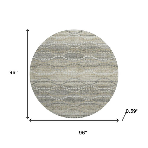 8' Pewter And Ivory Abstract Geometric Washable Round Rug With UV Protection