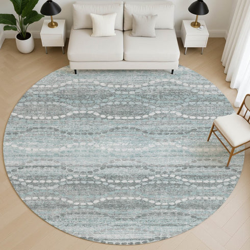 8' Teal And Ivory Abstract Geometric Washable Round Rug With UV Protection