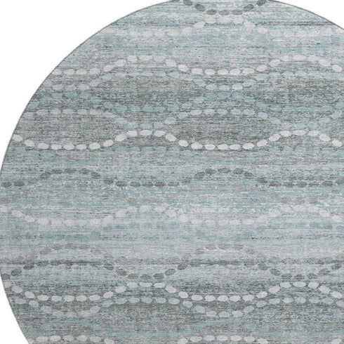 8' Teal And Ivory Abstract Geometric Washable Round Rug With UV Protection