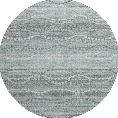 8' Teal And Ivory Abstract Geometric Washable Round Rug With UV Protection