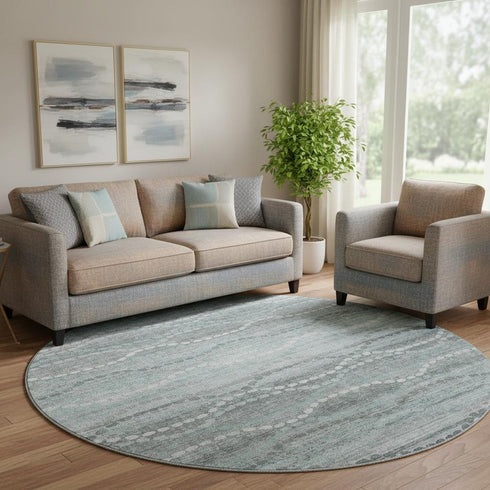 8' Teal And Ivory Abstract Geometric Washable Round Rug With UV Protection
