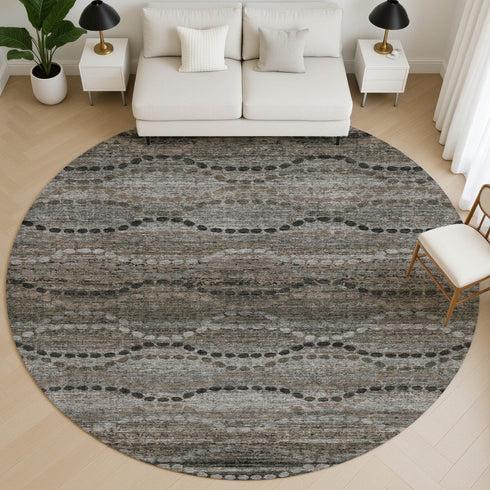 8' Chocolate And Gray Abstract Geometric Washable Round Rug With UV Protection