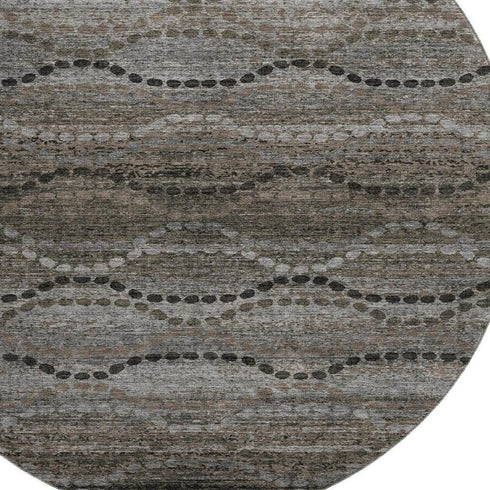 8' Chocolate And Gray Abstract Geometric Washable Round Rug With UV Protection