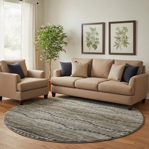 8' Chocolate And Gray Abstract Geometric Washable Round Rug With UV Protection
