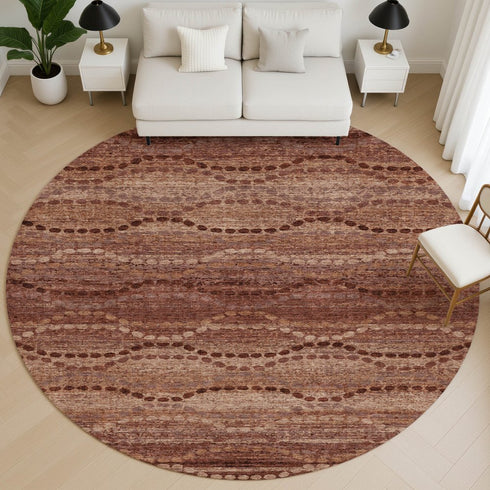 8' Rust And Copper Abstract Geometric Washable Round Rug With UV Protection