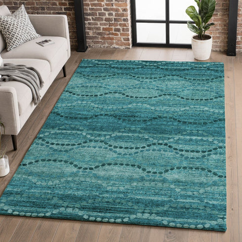 9' X 12' Turquoise And Aqua Abstract Geometric Washable Area Rug With UV Protection
