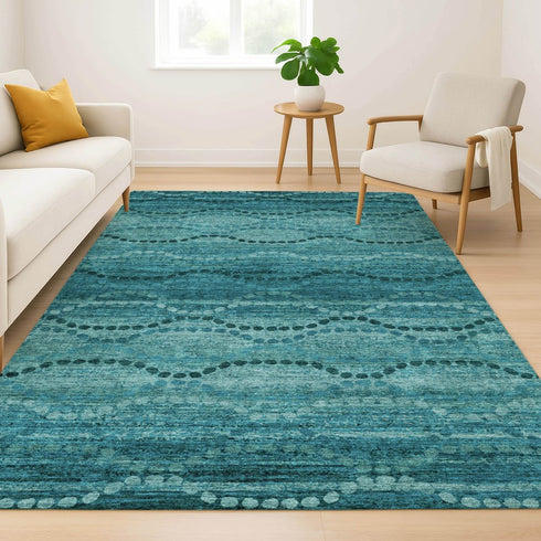 9' X 12' Turquoise And Aqua Abstract Geometric Washable Area Rug With UV Protection