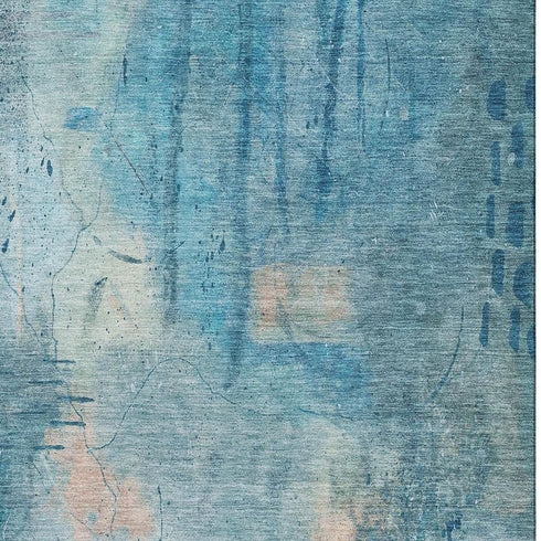 5' X 8' Blue And Beige Abstract Washable Area Rug With UV Protection