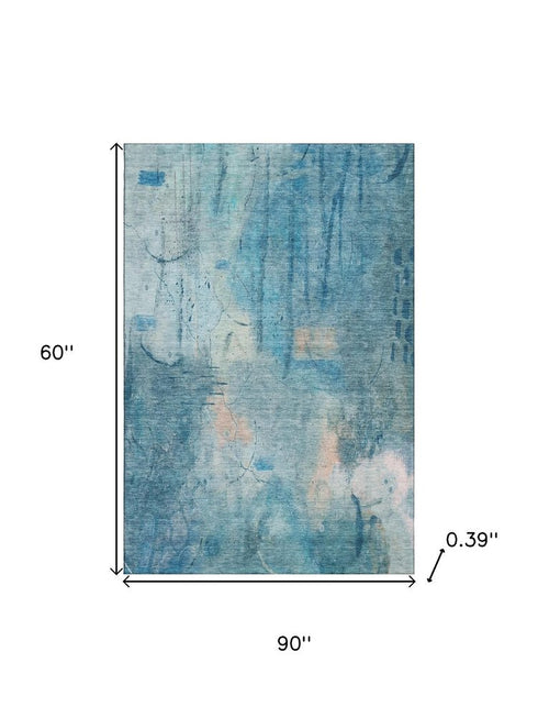 5' X 8' Blue And Beige Abstract Washable Area Rug With UV Protection