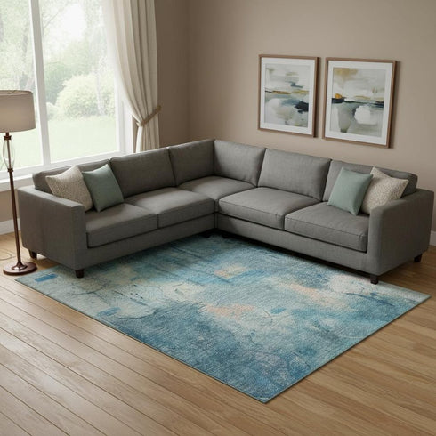 8' X 10' Blue And Beige Abstract Washable Area Rug With UV Protection
