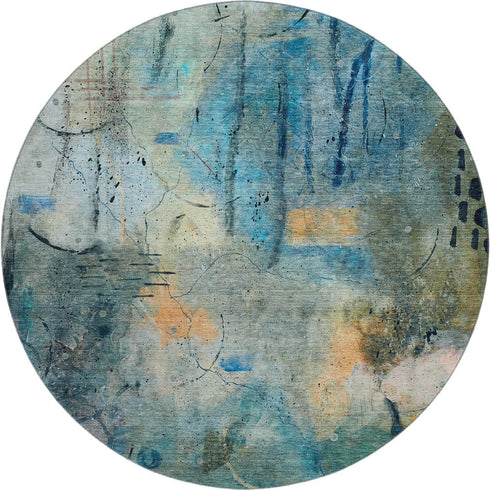 8' Teal And Green Abstract Washable Round Rug With UV Protection