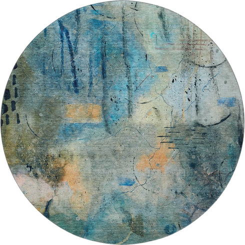 8' Teal And Green Abstract Washable Round Rug With UV Protection
